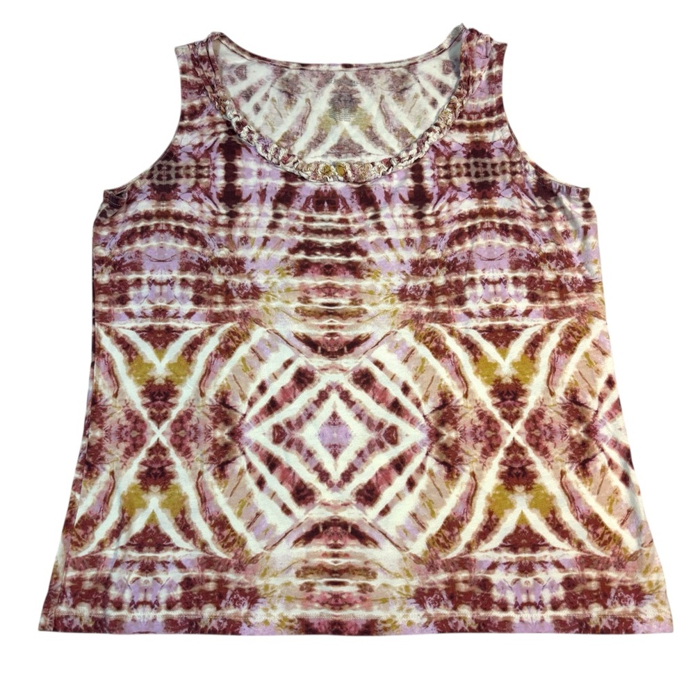 St Johns Bay Women Top XL Boho‎ Sleeveless Cotton Brown Ruffle Accent Abstract
